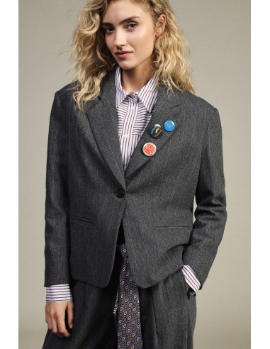 Blazer com Botões e Broches Decorativos Estampa às Riscas Dixie