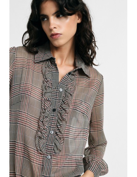 Camisa Estampa Xadrez Com Folhos E Mangas Compridas Please