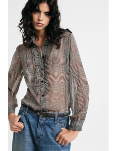 Camisa com estampa xadrez, folhos e mangas compridas Please