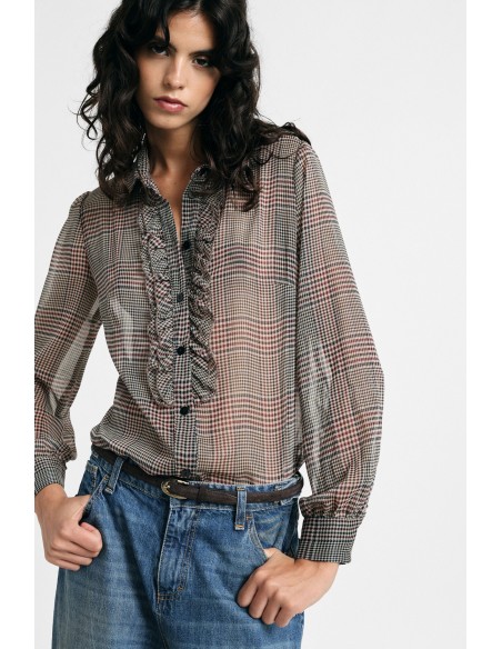 Camisa com estampa xadrez, folhos e mangas compridas Please