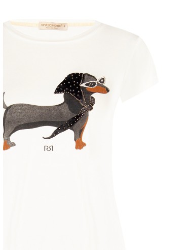 T-shirt regular em mistura de viscose com estampa de teckel e strass Rinascimento