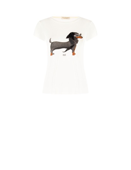 T-Shirt regular em mistura de viscose com estampado de dachshund e strass Rinascimento