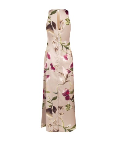 Vestido Longo em Cetim Floral com Corpete Pregueado Rinascimento