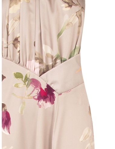 Vestido longo em cetim floral com corpete de pregas Rinascimento