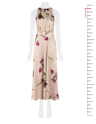 Vestido longo em cetim floral com corpete de pregas Rinascimento