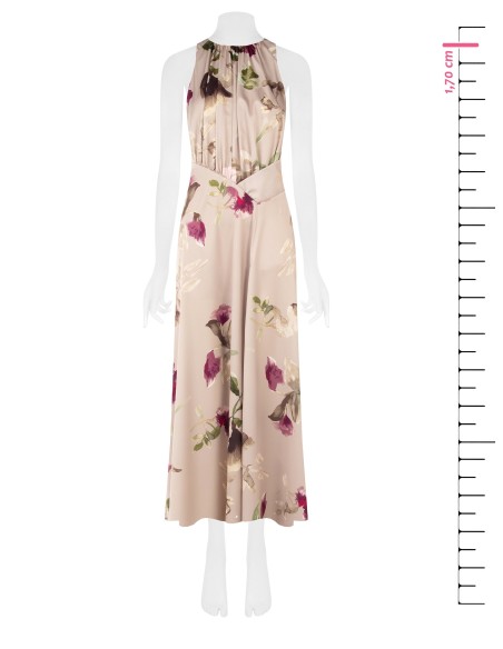 Vestido longo em cetim floral com corpete de pregas Rinascimento