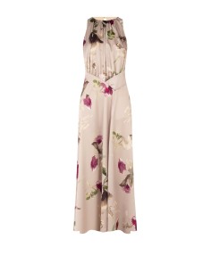 Vestido longo em cetim floral com corpete com pregas Rinascimento