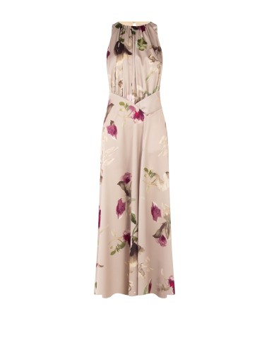 Vestido longo em cetim floral com corpete com pregas Rinascimento