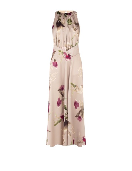 Vestido longo em cetim floral com corpete com pregas Rinascimento