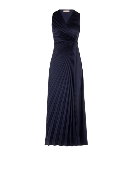 Vestido longo em cetim plissado com decote em V cruzado e nó na cintura Rinascimento
