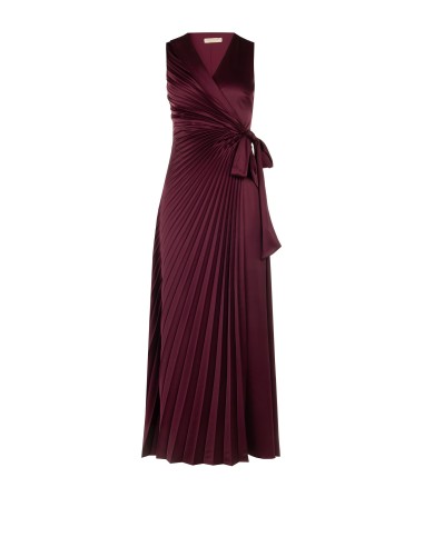 Vestido longo em cetim plissado com decote em V cruzado e nó na cintura Rinascimento