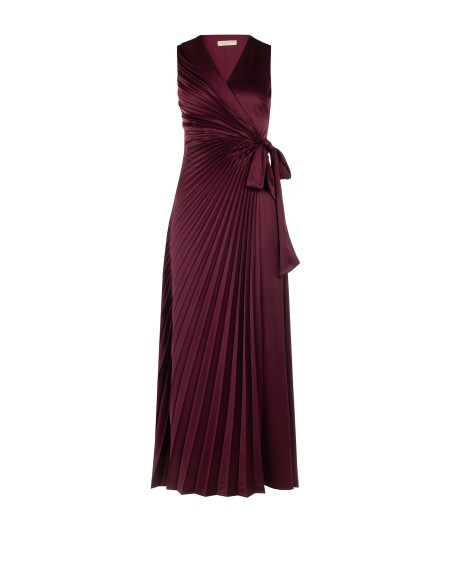 Vestido longo em cetim plissado com decote em V cruzado e nó na cintura Rinascimento