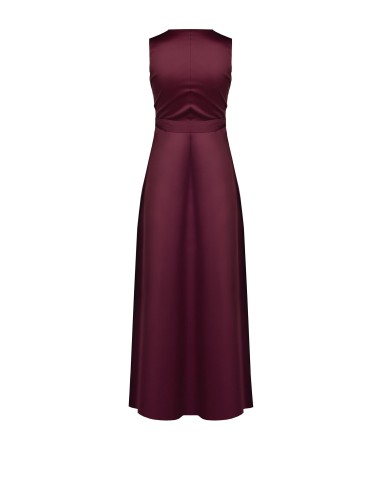 Vestido longo em cetim plissado com decote em V cruzado e nó na cintura Rinascimento