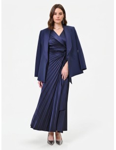 Vestido longo em cetim plissado com decote em V cruzado, amarrado na cintura Rinascimento