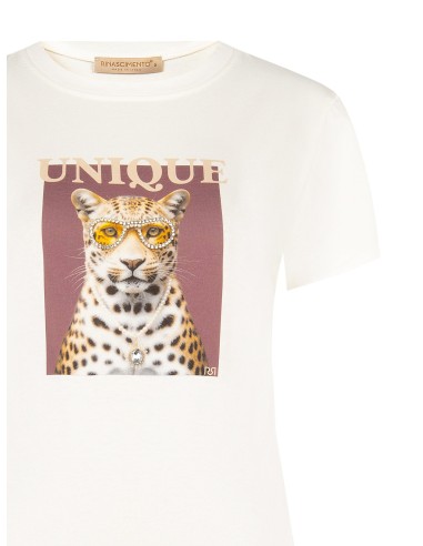 T-Shirt Regular em mistura de algodão com estampa de leopardo e strass Rinascimento