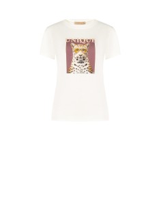 T-Shirt Regular em Mistura de Algodão Estampa de Leopardo com Strass Rinascimento