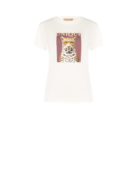 T-Shirt Regular em Mistura de Algodão Estampa de Leopardo com Strass Rinascimento
