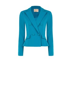 Blazer Curto Acinturado De Duplo Abotoamento Em Scuba Crepe Com Botões Coordenados Rinascimento