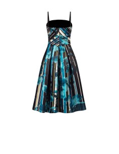 Vestido midi bustier em cetim duchesse estruturado com flores e riscas Rinascimento 2