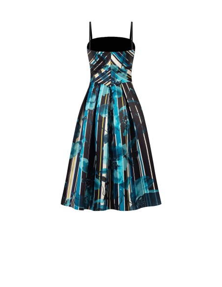 Vestido Midi Bustier Em Cetim Duchesse Estruturado Com Flores E Riscas Rinascimento