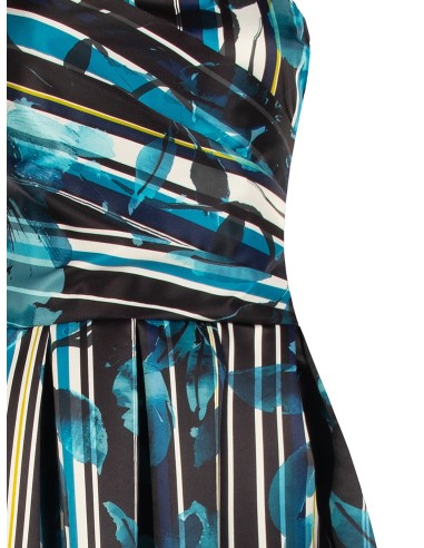 Vestido midi bustier em cetim duchesse estruturado com flores e riscas Rinascimento