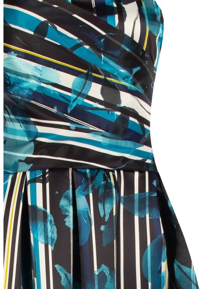 Vestido midi bustier em cetim duchesse estruturado com flores e riscas Rinascimento