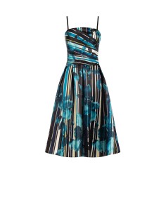 Vestido midi bustier em cetim duchesse estruturado com flores e riscas Rinascimento