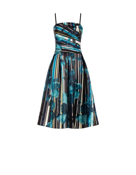 Vestido midi bustier em cetim duchesse estruturado com flores e riscas Rinascimento