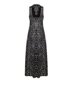 Vestido longo em cetim às bolinhas, ligeiramente franzido, com laço e recorte nas costas Rinascimento 2