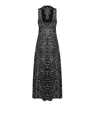 Vestido longo em cetim às bolinhas ligeiramente franzido com laço e recorte nas costas Rinascimento