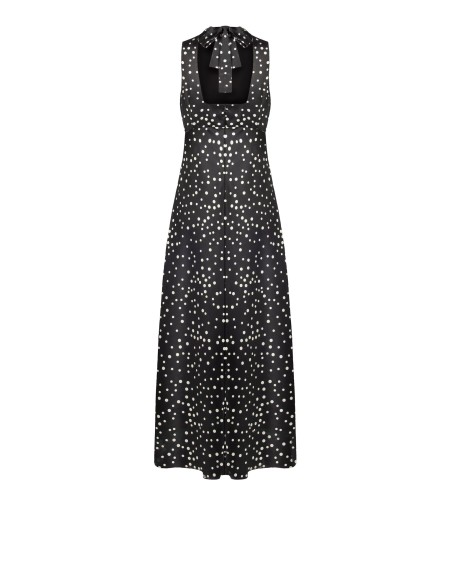 Vestido longo em cetim às bolinhas ligeiramente franzido com laço e recorte nas costas Rinascimento
