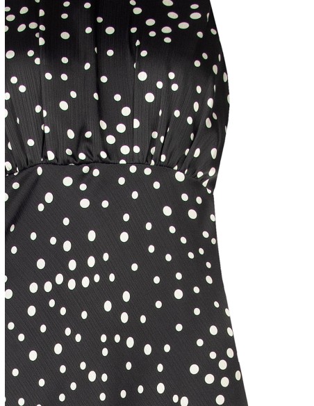 Vestido longo em cetim de bolinhas ligeiramente franzido com laço e recorte nas costas Rinascimento