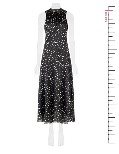Vestido longo em raso de bolinhas levemente franzido com laço e recorte nas costas Rinascimento