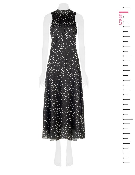Vestido longo em raso de bolinhas levemente franzido com laço e recorte nas costas Rinascimento