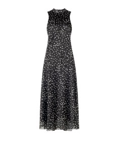 Vestido longo em cetim às bolinhas, ligeiramente franzido, com laço e recorte nas costas Rinascimento
