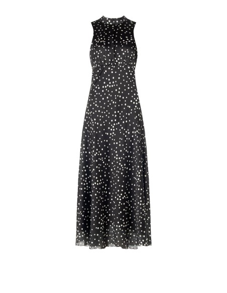 Vestido longo em cetim às bolinhas, ligeiramente franzido, com laço e recorte nas costas Rinascimento