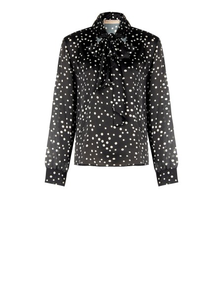 Blusa Ampla E Fluida Em Cetim De Bolinhas Com Decote Em V E Laço Rinascimento