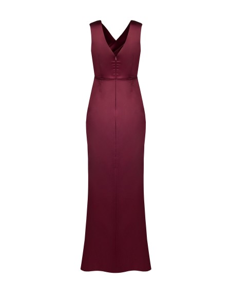 Vestido Longo em Cetim Estruturado Transpassado com Duplo Decote em V Rinascimento
