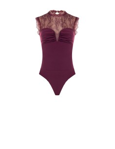Body justo em malha elástica com inserto em renda Chantilly Rinascimento