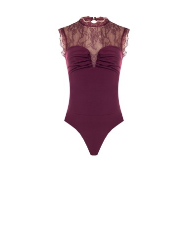 Body justo em malha elástica com inserto em renda Chantilly Rinascimento