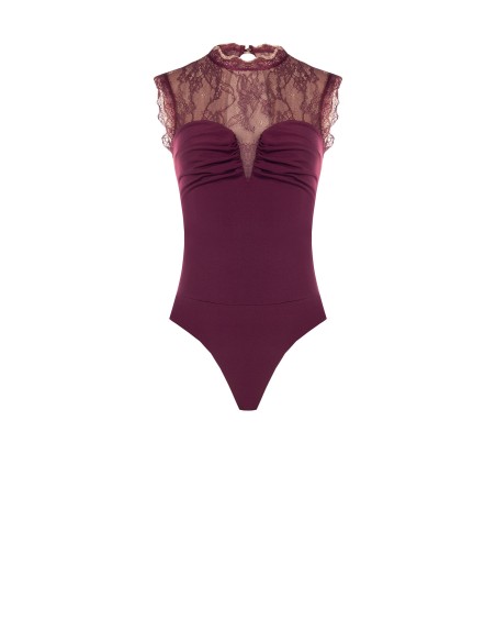 Body justo em malha elástica com inserto em renda Chantilly Rinascimento