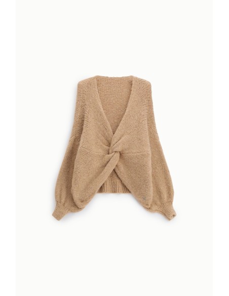 Cardigan trançado com nó frontal e mangas amplas, por favor