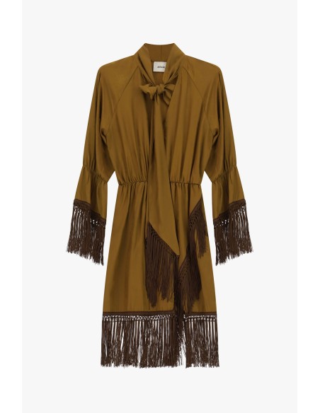 Vestido curto com mangas de folhos e franjas Dixie