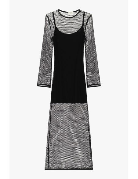 Vestido Longo em Rede com Mangas Compridas e Combinação Dixie