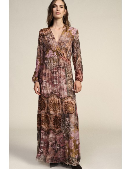 Vestido longo com estampa patchwork e decote em V Dixie