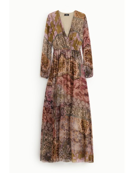 Vestido Longo Estampa Patchwork com Decote em V Dixie