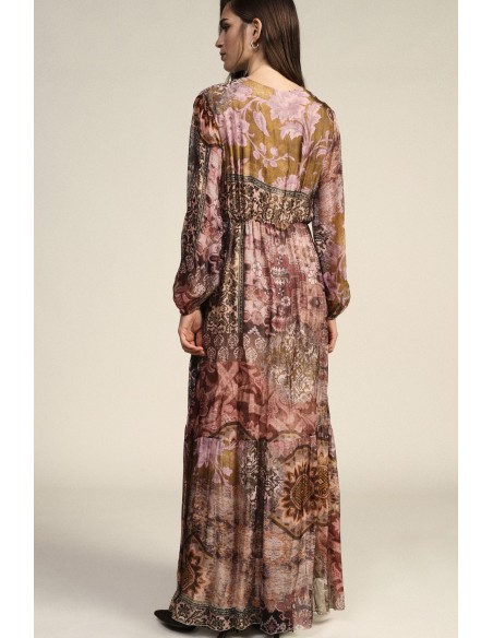 Vestido longo com estampa patchwork e decote em V Dixie
