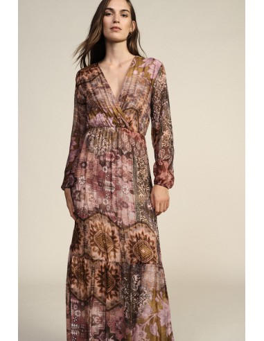 Vestido Longo Estampado Patchwork com Decote em V Dixie