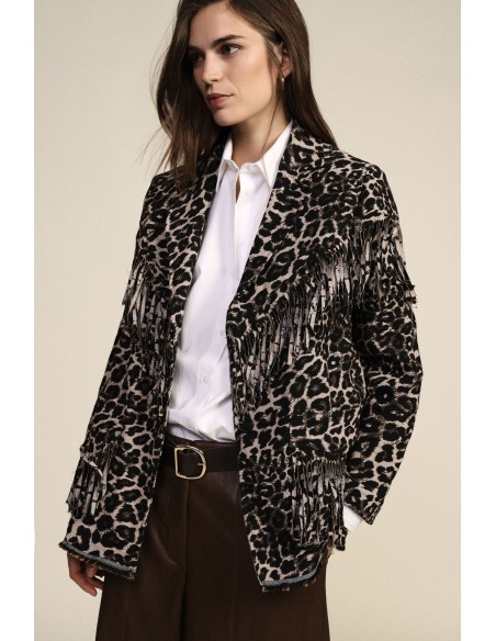 Blazer Estampa Animalier com Franjas Decorativas Dixie