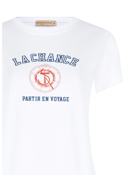 T-shirt regular em mistura de algodão com estampa navy e strass Rinascimento